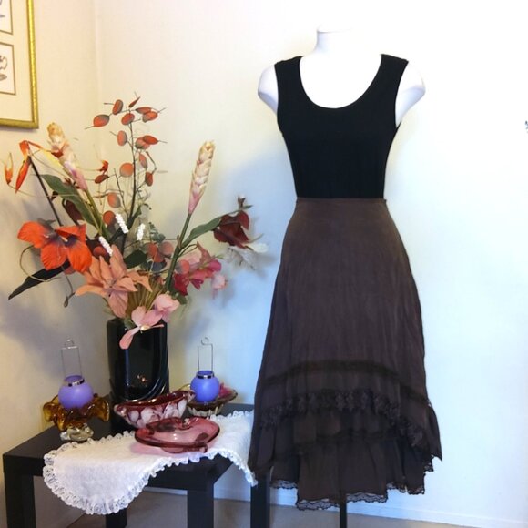 NWT Women Brown 3-Layers of Tiered Ruffle Lace Design Midi Skirt L 12 - Picture 6 of 12